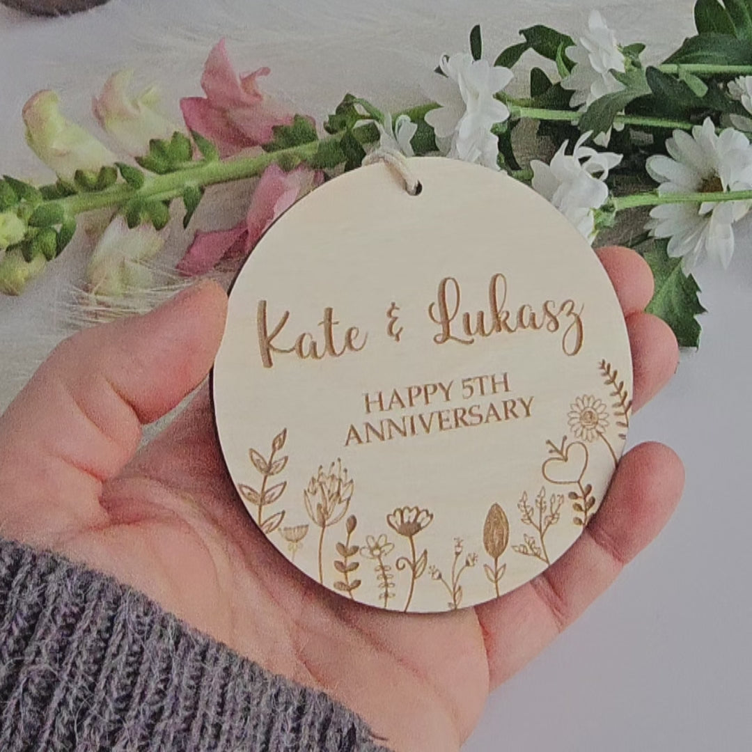 Wooden Anniversary Ornament Floral Meadow, Personalised Keepsake, Hanging decoration