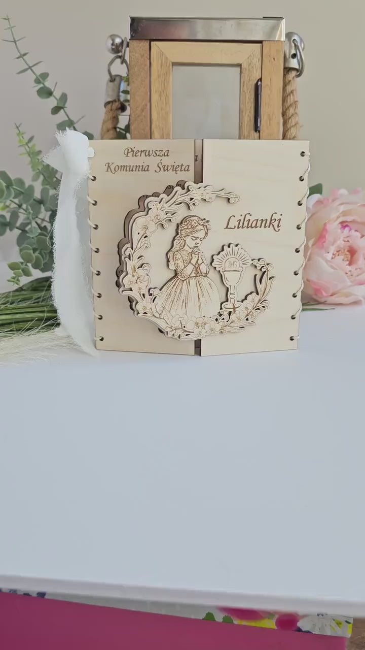 First Holy Communion Wooden Card – Personalised Engraved Polish Keepsake for Girl