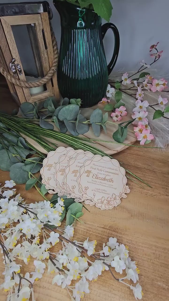 Personalised First Holy Communion Wooden Invitation - Floral Wreath
