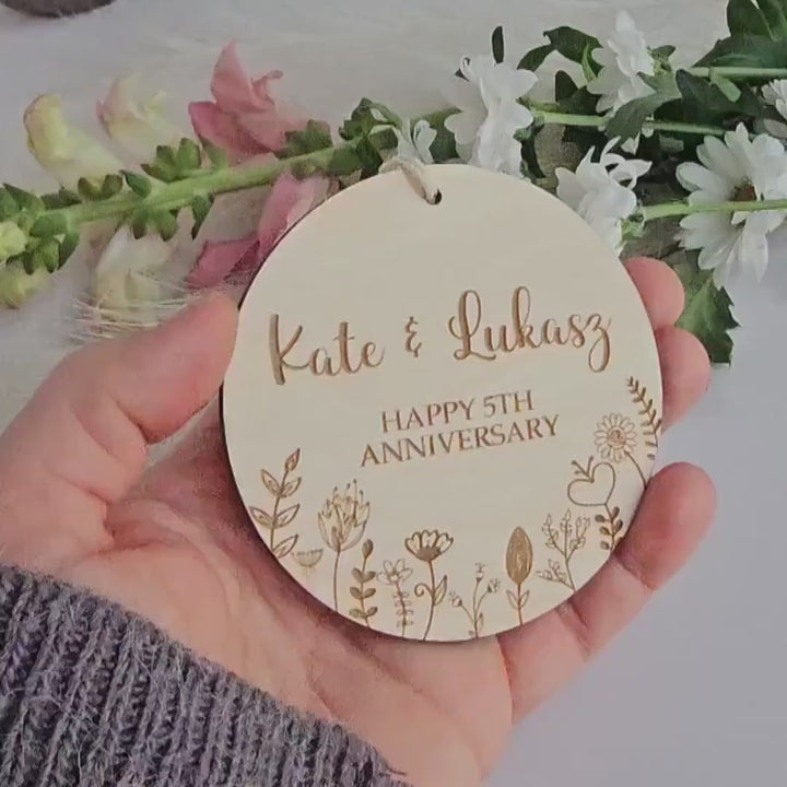 Personalised Wooden Anniversary Ornament - Floral Meadow Hanging Decoration