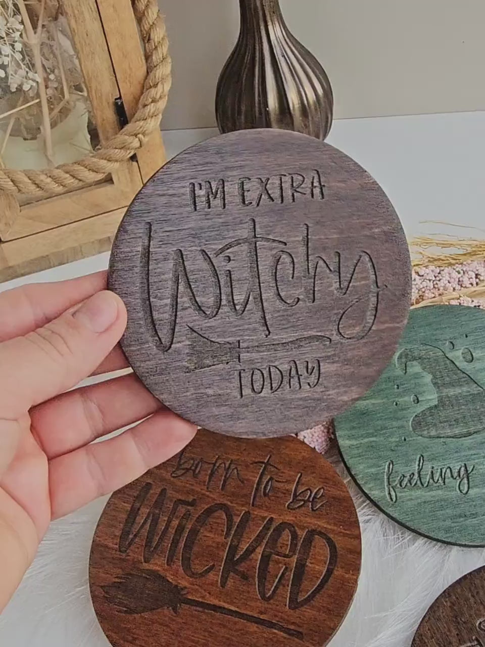 Witchy Halloween Coasters - Wooden Spooky Table Decor - Handmade Housewarming Gift Idea - Set of 4