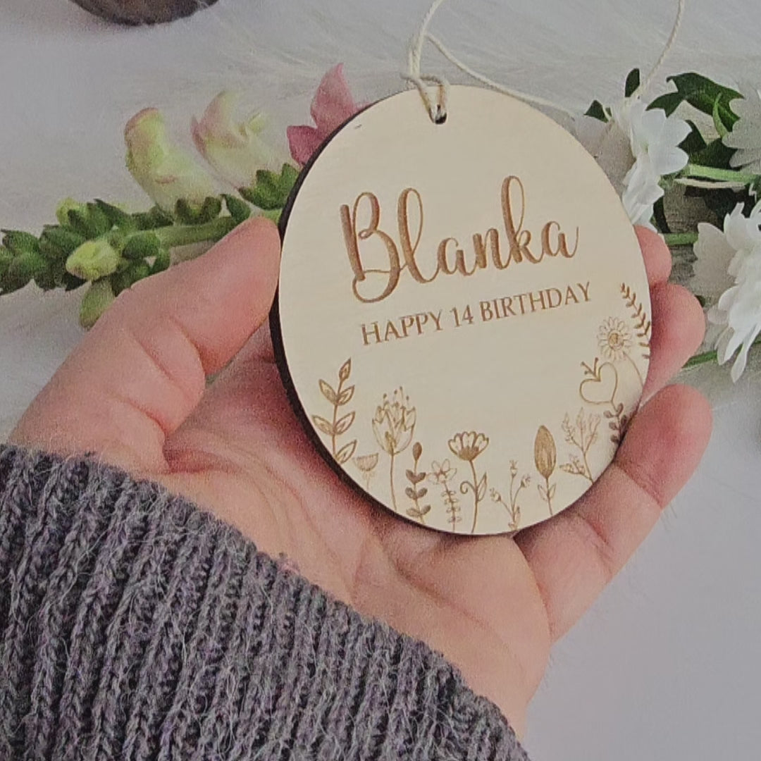 Wooden Birthday Ornament Floral Meadow, Personalised Keepsake, Hanging decoration