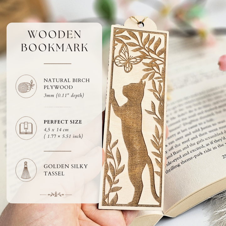 Cat Bookmark with Tassel - Handmade Wooden Personalised Reading Gift